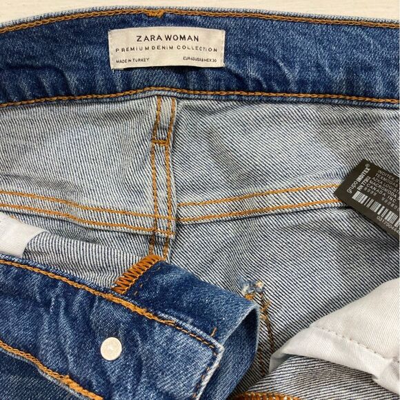 Zara Premium Jeans Women’s 8 Blue Denim High Rise Distressed Tapered Leg - Picture 7 of 12